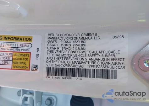 2025 Honda Accord Hybrid Ex-L from USA, damaged, VIN 1HGCY2F65SA051960